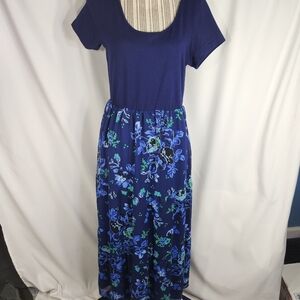 IsaacMizrahiLive Blue Short Sleeve Long Dress w/Floral Print Skirt Size Medium